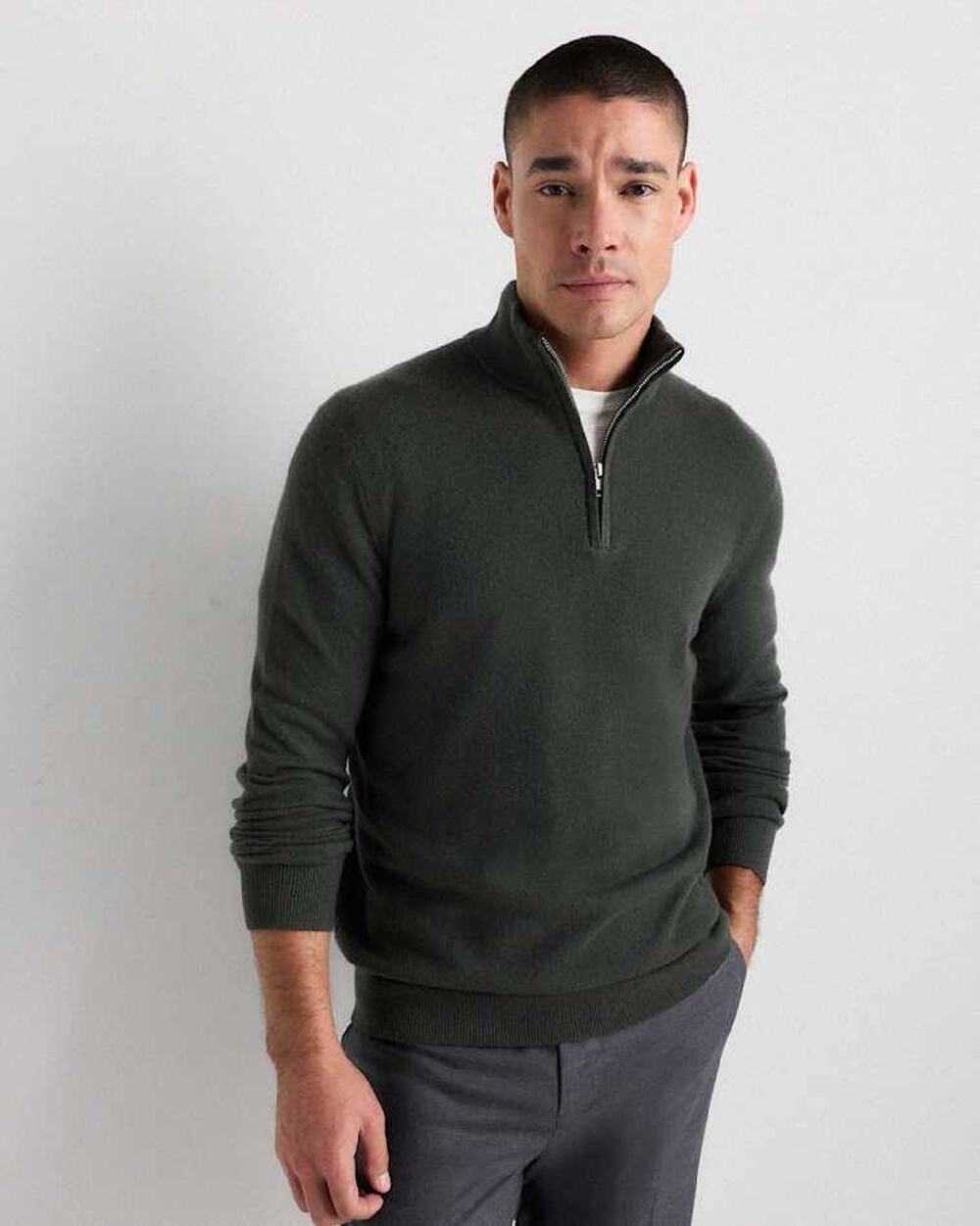 Quince Men's 100% Cashmere Forest Green Quarter Zip Pullover Sweater - XL